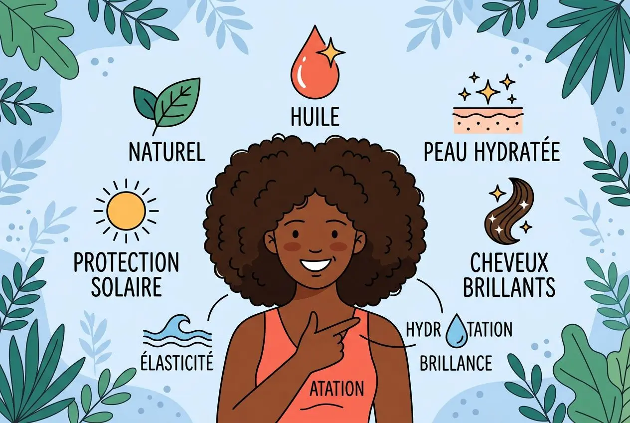 Huile de palme rouge : vape produit sur fond illustré, avec mots clés Naturel, Protection solaire et Éclat, cheveux brillants et hydratation, fille souriante au centre. huile de palme bienfaits intégrée.