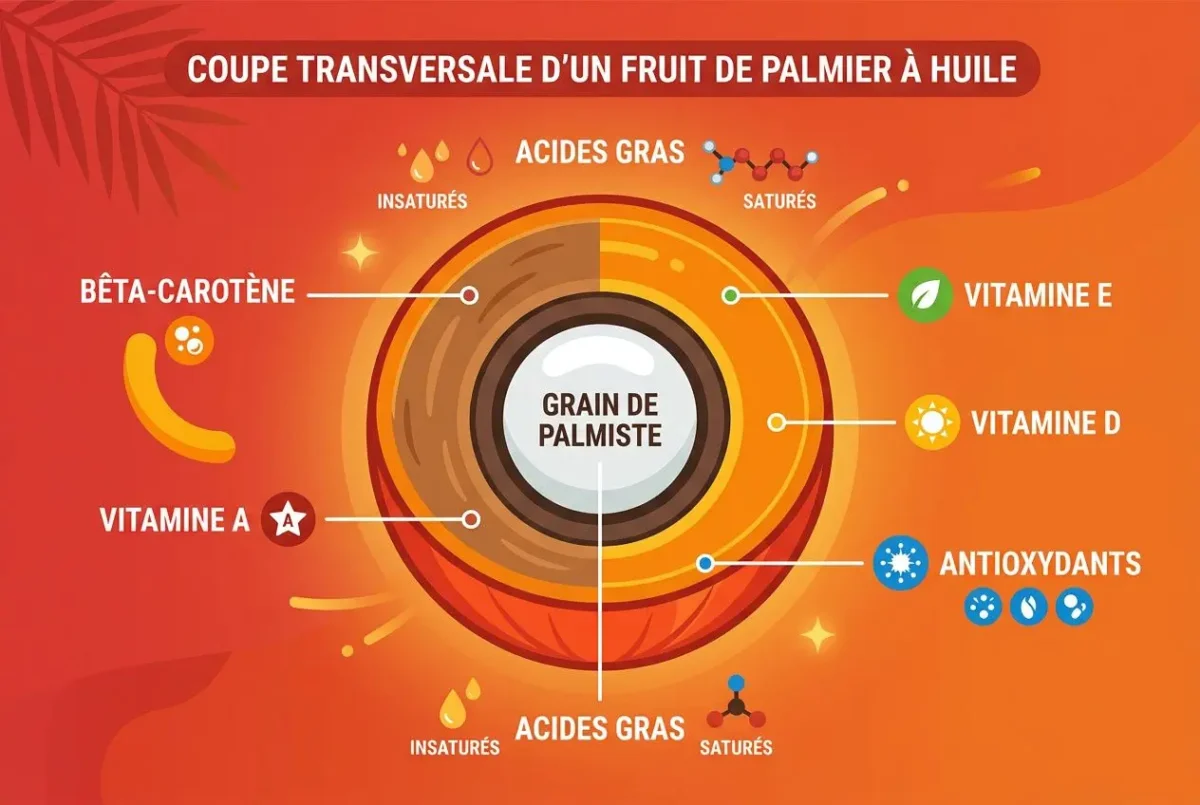 Illustration montrant une coupe transversale d’un fruit de palmier à huile: grain de palmiste au centre, valeurs nutritionnelles et vitamines (acides gras, vitamine E, A, D), infographic couleur orange et rouge, énergie et composants. huile de palme bienfaits.