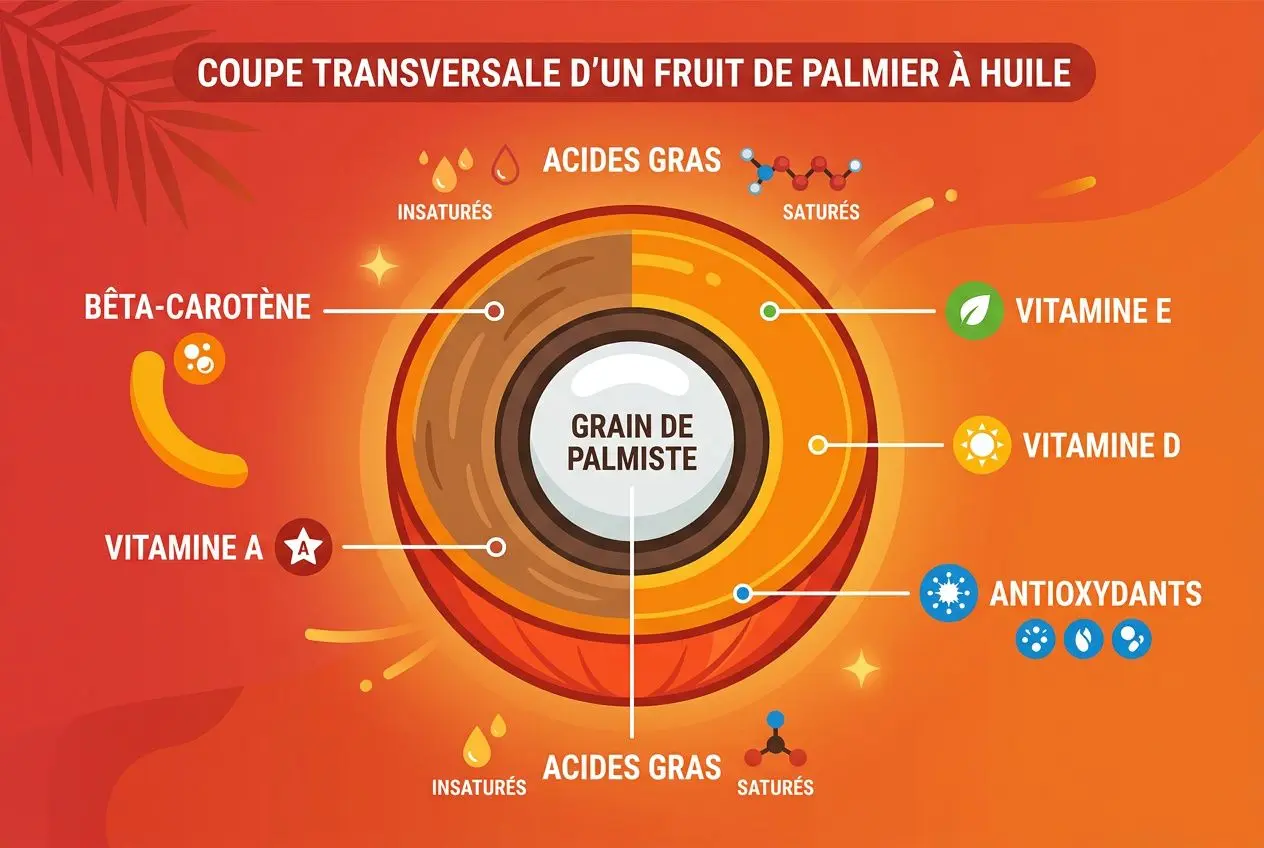 Illustration montrant une coupe transversale d’un fruit de palmier à huile: grain de palmiste au centre, valeurs nutritionnelles et vitamines (acides gras, vitamine E, A, D), infographic couleur orange et rouge, énergie et composants. huile de palme bienfaits.